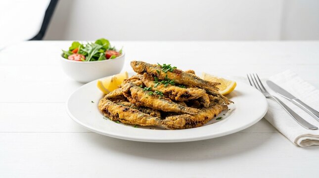 Vivid Cornmeal-Fried Hamsi Black Sea Anchovies Golden Pile on White Plate | Crispy Fried Fish | Turkish Seafood Stock Photo