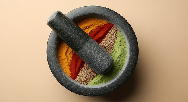 Vibrant colorful culinary spices arranged neatly inside a dark stone mortar with a matching heavy pestle