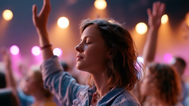 A woman with her eyes closed and hands raised in worship, immersed in a crowd at a concert or religious gathering. The atmosphere is filled with soft, warm lights and a sense of spiritual connection