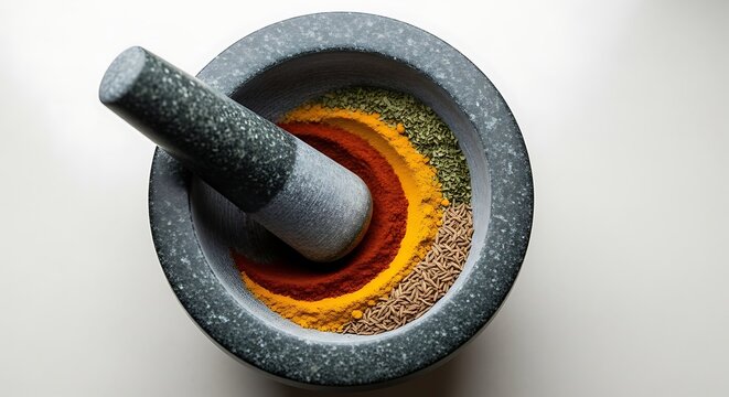 Grey stone mortar and pestle filled with colorful aromatic spices on a clean white surface