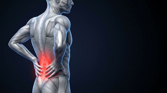 3D rendering of a male human body showing muscular and skeletal structure with a red glowing area indicating lower back pain or injury.
