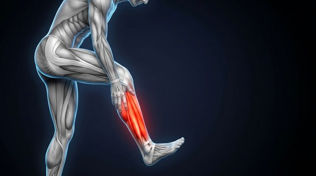 3D rendering of a human male figure with highlighted red lower leg indicating pain or injury in the calf and shin muscles.