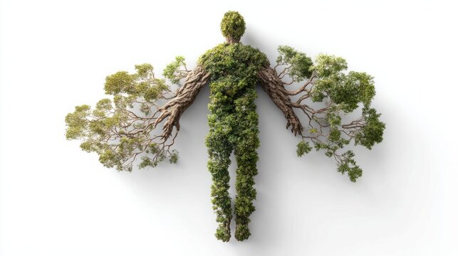 Human figure made of leaves and branches, embodying nature's connection to humanity