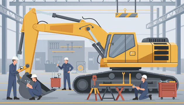 Construction Workers Repairing Heavy Excavator Inside Industrial Workshop Facility