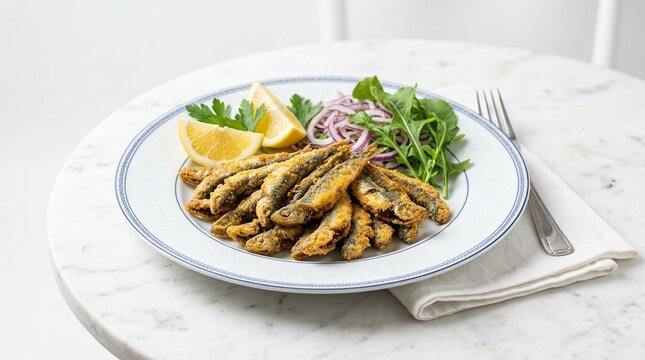 Vivid Golden Pan-Fried Turkish Hamsi Anchovies on White Plate | Crispy Black Sea Fish | Seafood Stock Photography