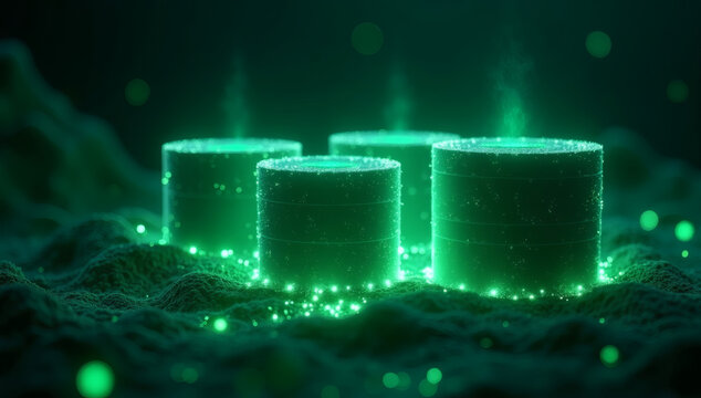 Futuristic data storage towers glowing with green energy on a textured alien planet at night