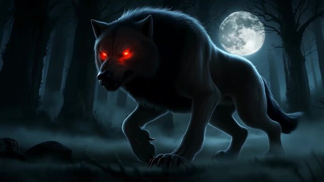 Mysterious werewolf in moonlit forest stalks through shadowy night