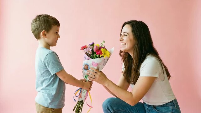 A little boy presents his mother with a bouquet of colorful carnations in front of a pink background on Mother's Day.