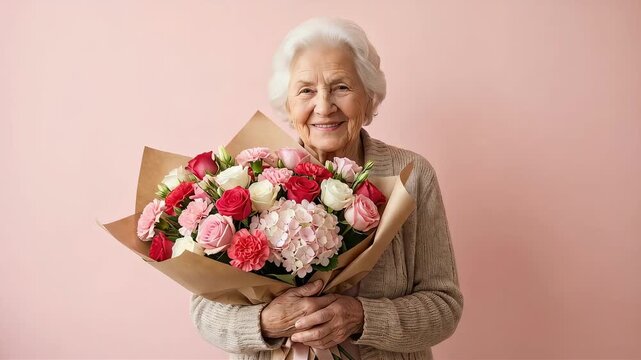 A senior mother smiles in front of a pink background on Mother's Day, holding a bouquet of colorful roses and hydrangeas.