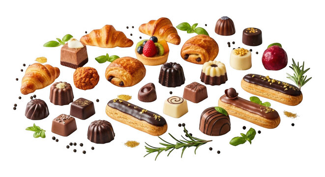 Assorted french pastries and gourmet chocolates isolated on transparent background