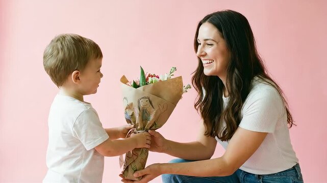 A little boy presents his mother with a bouquet of flowers wrapped in illustrated paper against a pink background on Mother's Day.