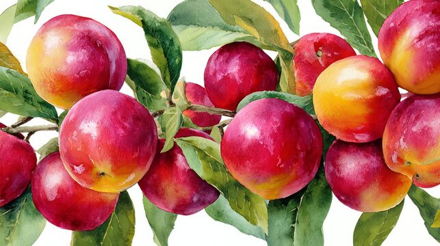 Watercolor pattern fresh red peaches and green leaves on a white background. Vibrant fruit illustration with a natural, artistic style perfect for textiles, wrapping paper, packaging, kitchen decor.