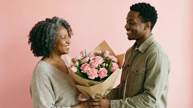 A son presents his white-haired mother with a bouquet of pink tulips and carnations in front of a pink background on Mother's Day.