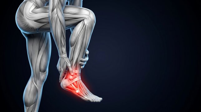 3D rendering of a human leg and foot with a red highlight indicating ankle pain or injury, showcasing detailed muscle structure on a dark background.