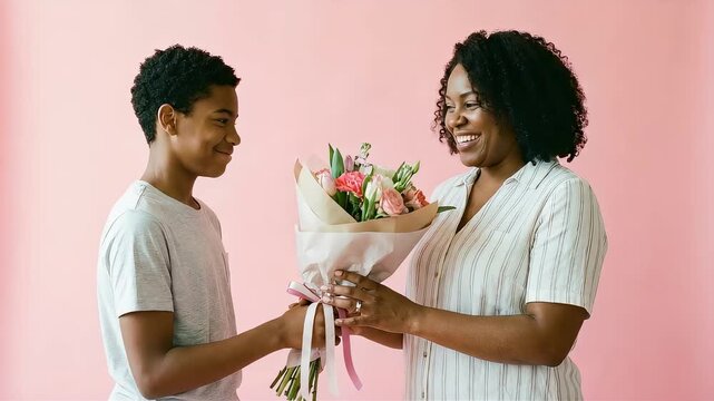 A teenage son smiles and presents his mother with a large bouquet of roses in front of a pink background on Mother's Day.