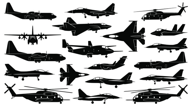 Collection of detailed black vector silhouettes featuring various military fighter jets and heavy transport helicopters
