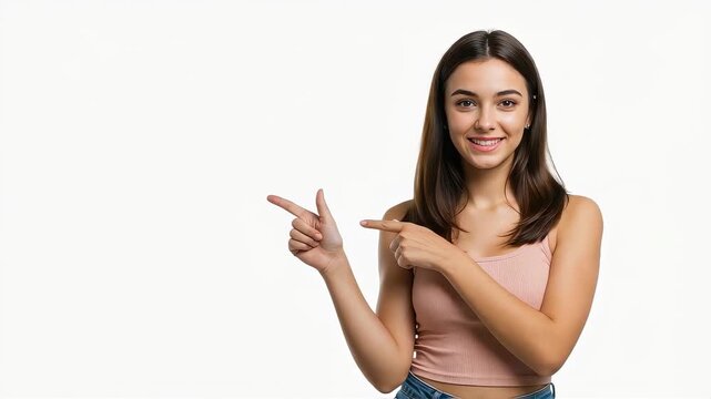 A video of a woman in a pink top smiling and pointing to the side.
