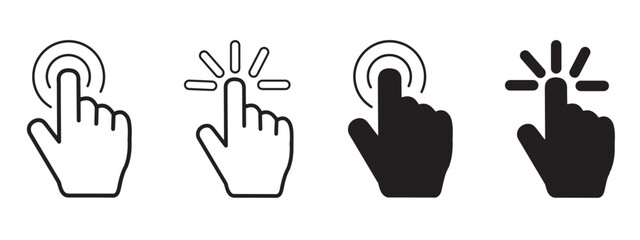 Fototapeta premium Hand click icon set. Pointing hand icons with and without click effect black and white. Hand cursor click icons, vector illustration