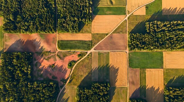 Top Down Drone Landscape Showing Mosaic Pattern of Farmland and Forest from Above