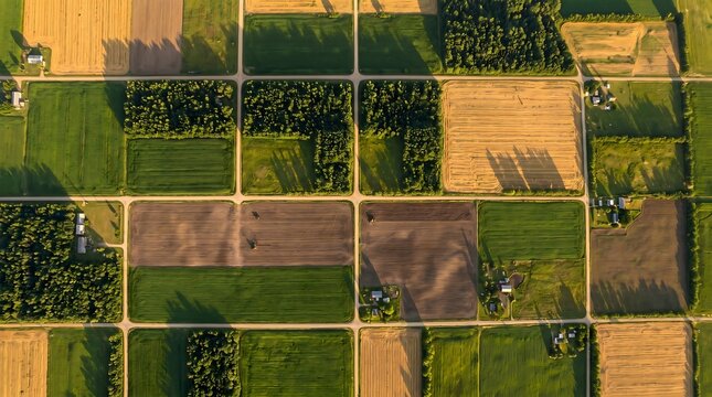 Top Down Drone Landscape Showing Mosaic Pattern of Farmland and Forest from Above