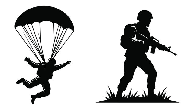 Silhouette of a paratrooper descending with a parachute and a soldier standing with a rifle