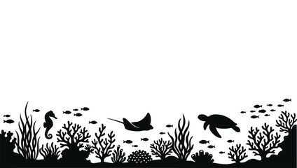 Fototapeta premium Underwater coral reef silhouette with sea turtle, stingray, and seahorse