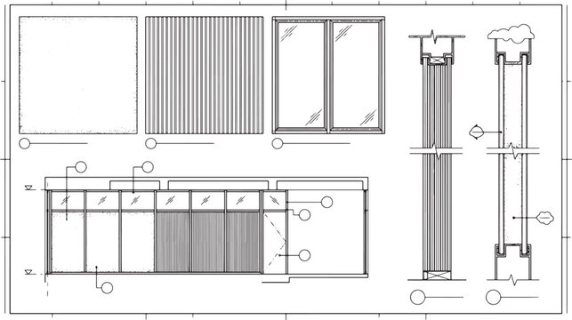 Architectural technical drawing of glass facade system with vertical louvers and window frame construction details vector illustration