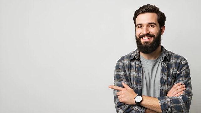 A bearded man with his arms crossed, smiling and pointing to the left, is shown against a white background.