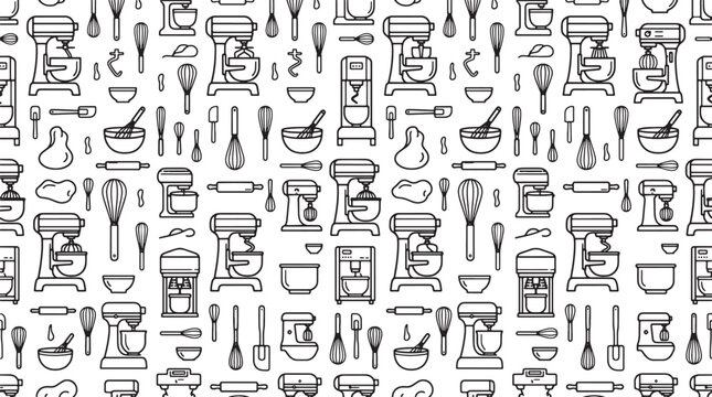 Baking equipment seamless pattern with stand mixers whisks and bowls in a simple black line art style