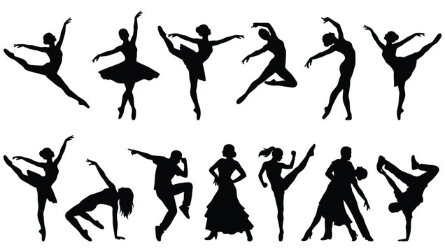 Set of silhouettes of dancers performing various dance styles