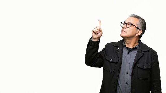 A senior man in a black jacket points upwards in front of a white background, seemingly having an idea.