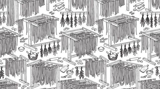 Hand drawn seamless pattern of fresh pasta hanging on wooden drying racks with kitchen tools and herbs