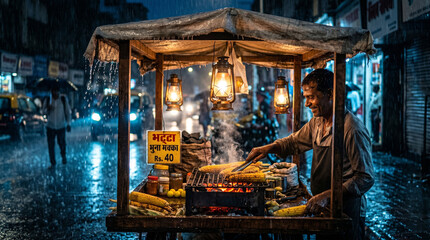 Obraz premium Indian Vendor Roasting Bhutta Corn on Rainy Monsoon Night