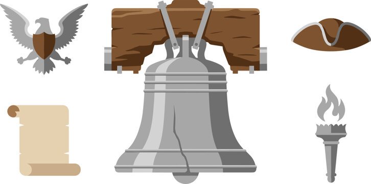 American patriotic vector set featuring Liberty Bell eagle heraldic shield tricorn hat torch and declaration scroll on white background