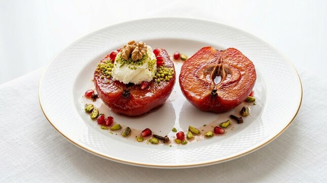 Vivid Ayva Tatlısı Candied Quince Halved Deep Red on White Plate | Traditional Turkish Winter Dessert | Sweet Food Stock Photography