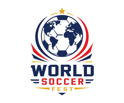 World soccer fest logo with globe soccer ball in colorful flat style