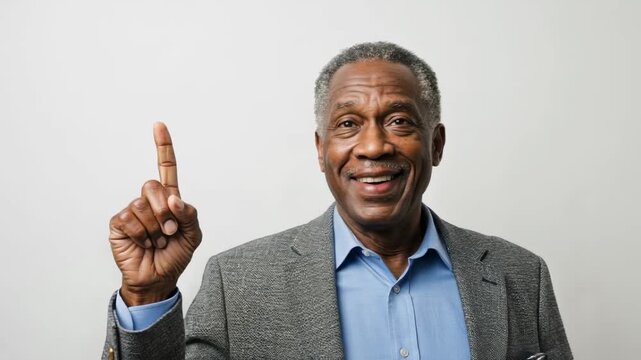 A senior man in a black jacket raises his index finger, smiling happily as he comes up with an idea.