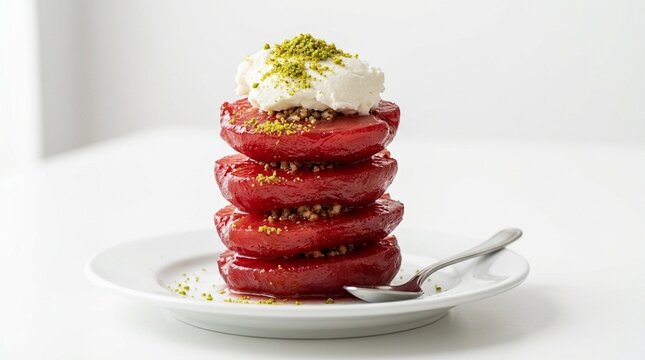 Vivid Halved Candied Quince Close-Up Showing Deep Ruby Interior | Turkish Ayva Tatlısı | Winter Dessert Stock Photography