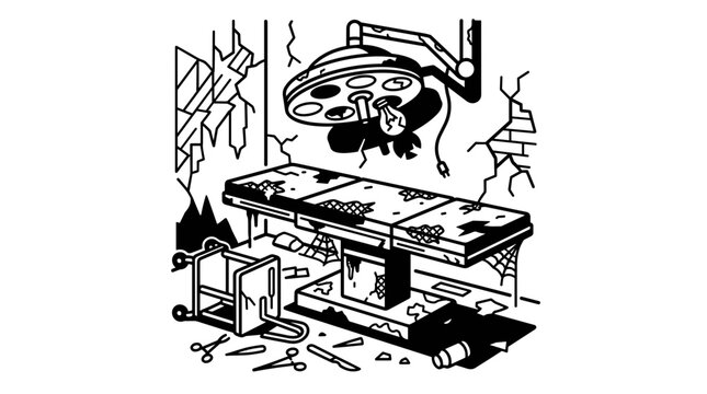 Broken workbench with tools scattered.