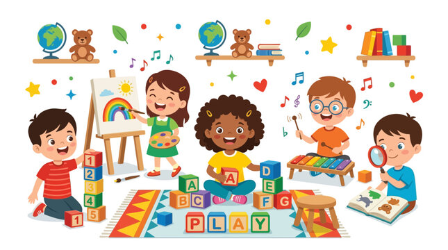 Colorful children playing, kids learning, educational toys, alphabet blocks, playtime fun