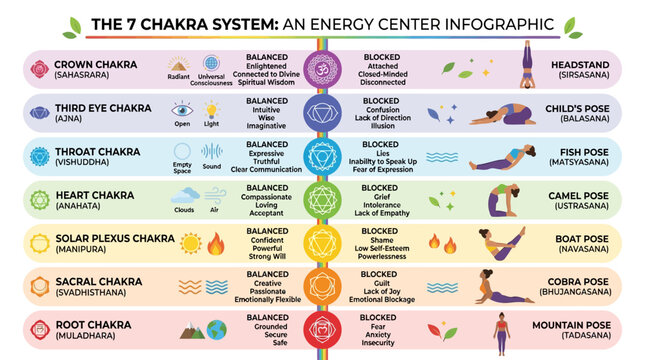 Chakra System Infographic, Energy Center Chart, Yoga Illustration, 7 Chakras Diagram