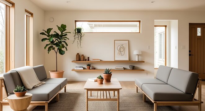 Minimalist modern living room interior with neutral tones wooden furniture and indoor fiddle leaf fig plant interior design interior minimalist furniture