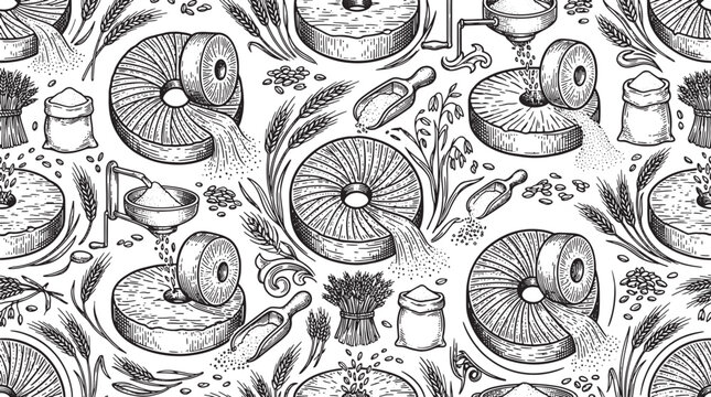 Seamless pattern of stone millstones grinding wheat grain into flour with sacks and ears of cereal crops