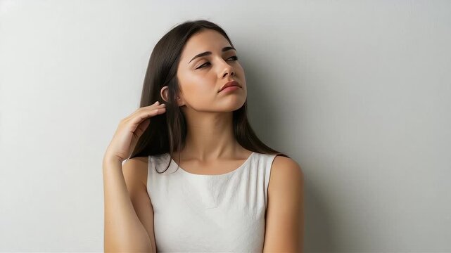 A young woman closes her eyes and endures headaches and stress.