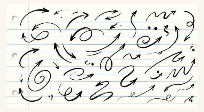 Collection of hand drawn doddle arrow set. Set of brush stroke of curly arrow collection. Sketch curved arrows design.