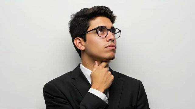 A bespectacled man, with his hand on his chin, looks upwards, deep in thought.