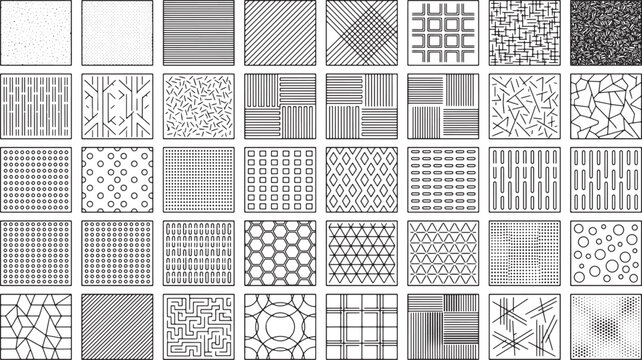Set of forty hand drawn geometric patterns and abstract textures for graphic design and digital background elements
