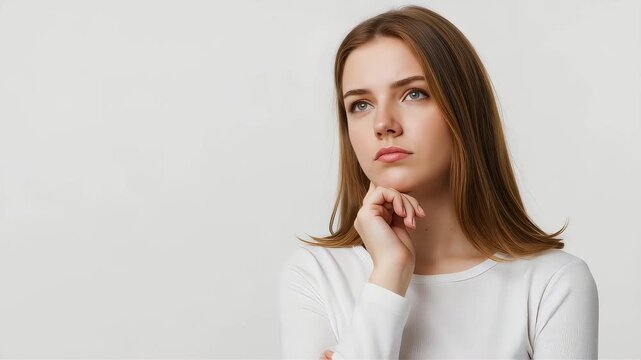 A young woman with a complex expression averts her gaze and seems to be contemplating something.