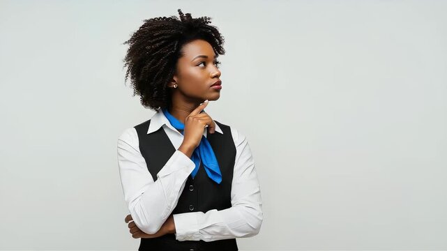 A Black woman wearing a blue scarf looks away, seemingly lost in thought.