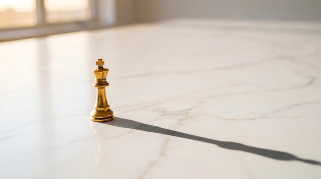 Golden chess king piece casting a shadow on a bright white marble table